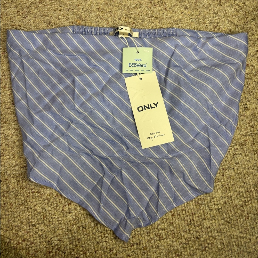 NWT ONLY Cristel Scarf Top Blue & White Striped Strapless Crop Smocked Back - Picture 2 of 5